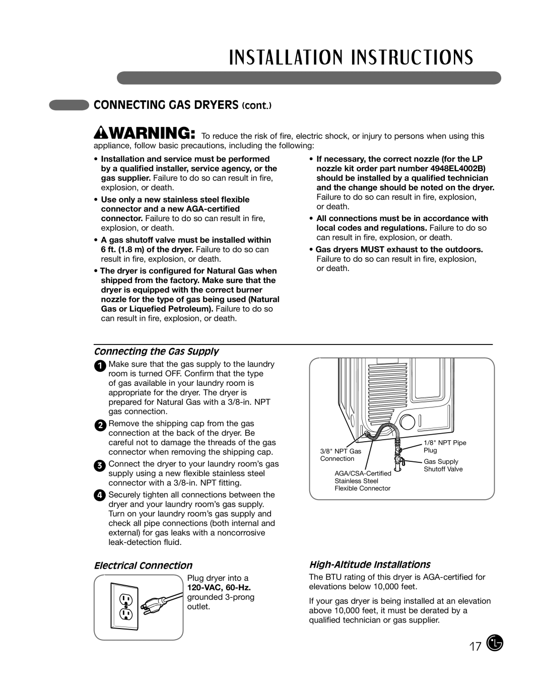 LG Electronics 3828EL3010Y, D2702W, D2702V manual ConnecTING GAS Dryers, Connecting the Gas Supply, Electrical Connection 