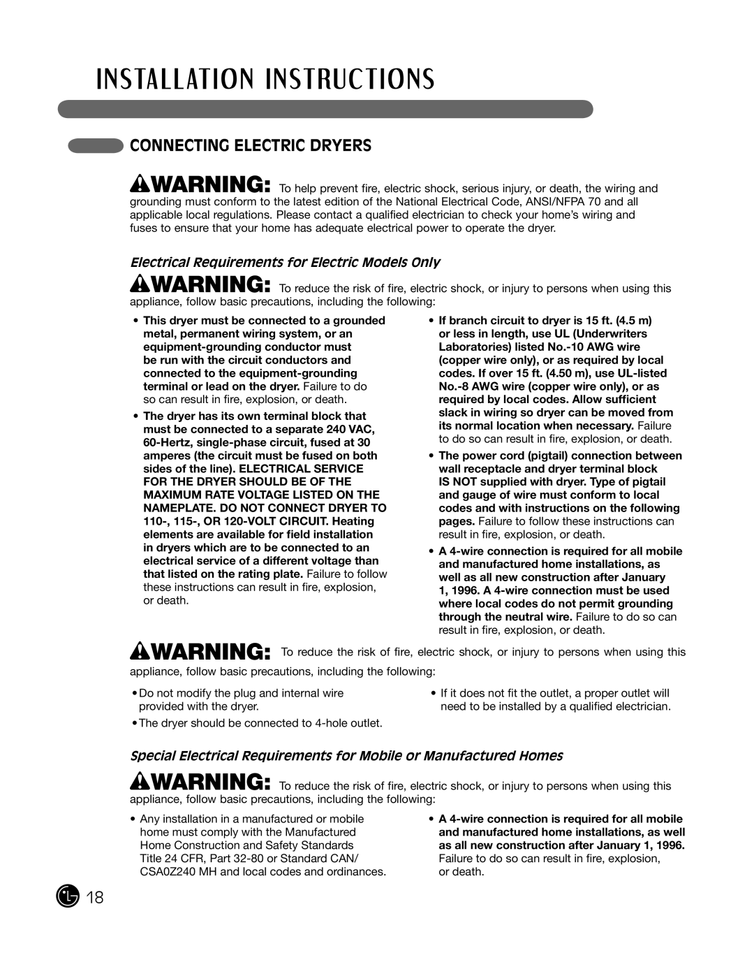 LG Electronics D2702W, D2702V, 3828EL3010Y Connecting Electric Dryers, Electrical Requirements for Electric Models Only 