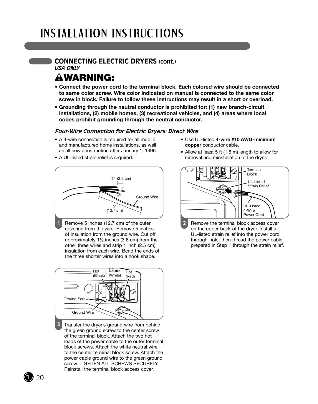 LG Electronics 3828EL3010Y, D2702W, D2702V manual Four-Wire Connection for Electric Dryers Direct Wire 