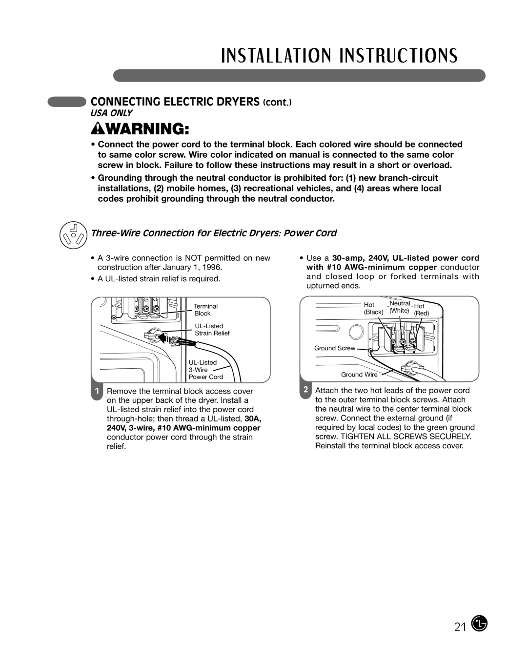 LG Electronics D2702W, D2702V, 3828EL3010Y manual Three-Wire Connection for Electric Dryers Power Cord 