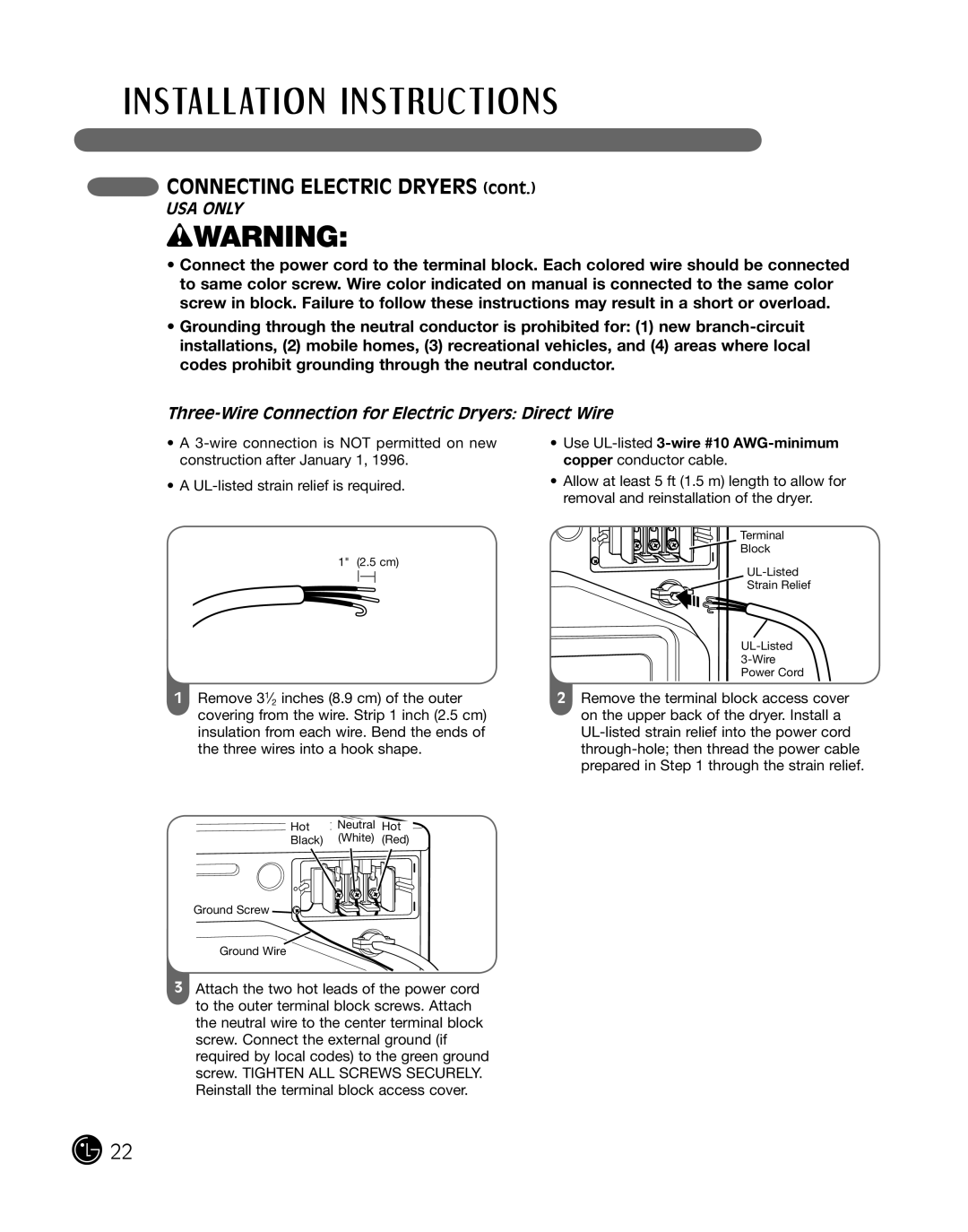 LG Electronics D2702V, D2702W, 3828EL3010Y manual Three-Wire Connection for Electric Dryers Direct Wire 