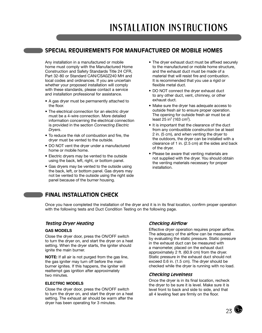 LG Electronics 3828EL3010Y, D2702W, D2702V Special Requirements for Manufactured or Mobile Homes, Final Installation Check 