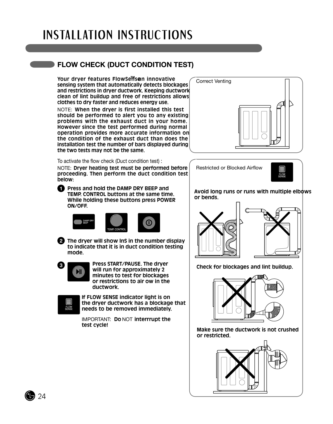 LG Electronics D2702W manual To activate the flow check Duct condition test, Correct Venting Restricted or Blocked Airflow 