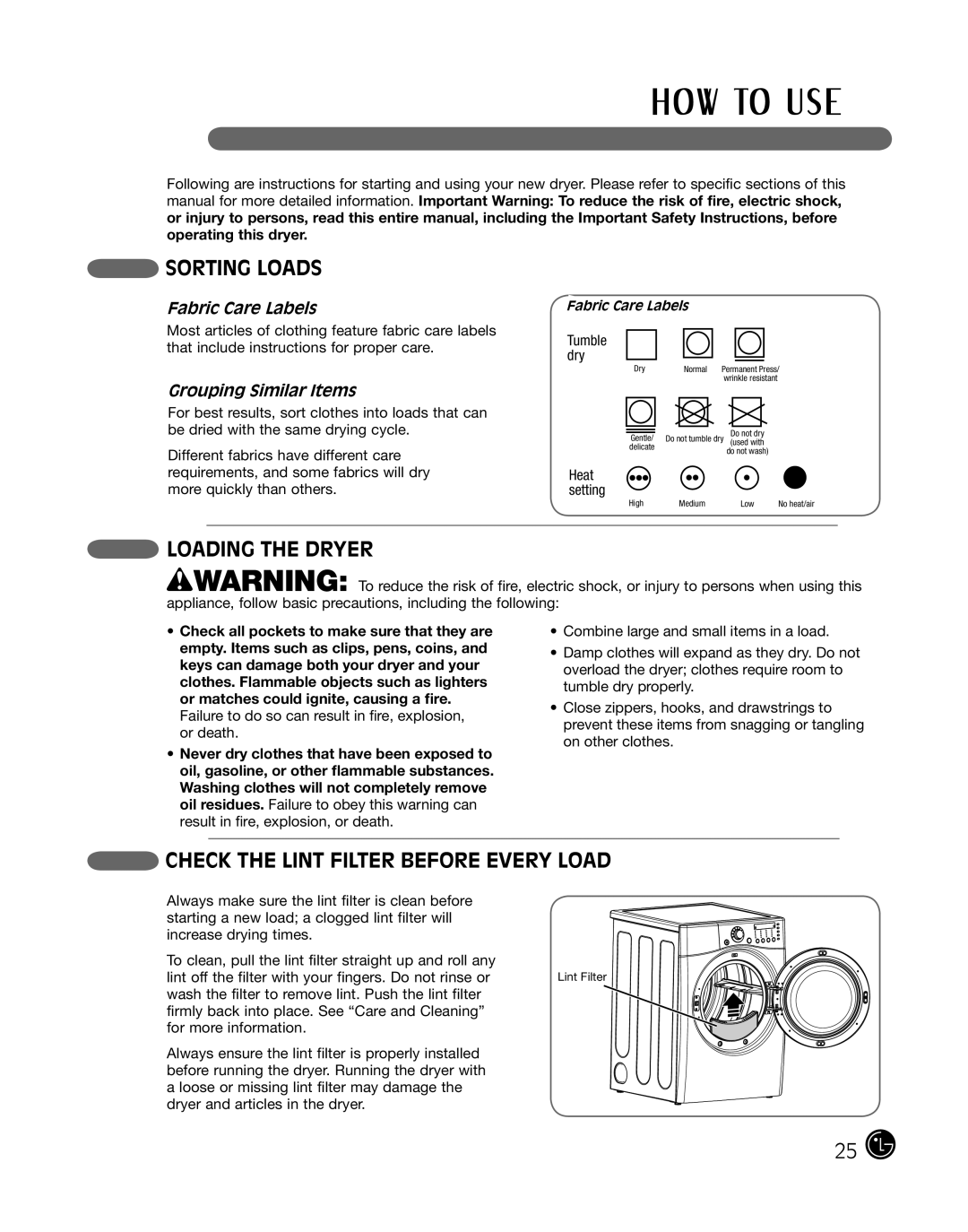 LG Electronics D2702V manual Sorting Loads, Loading the Dryer, Check the Lint Filter Before Every Load, Fabric Care Labels 