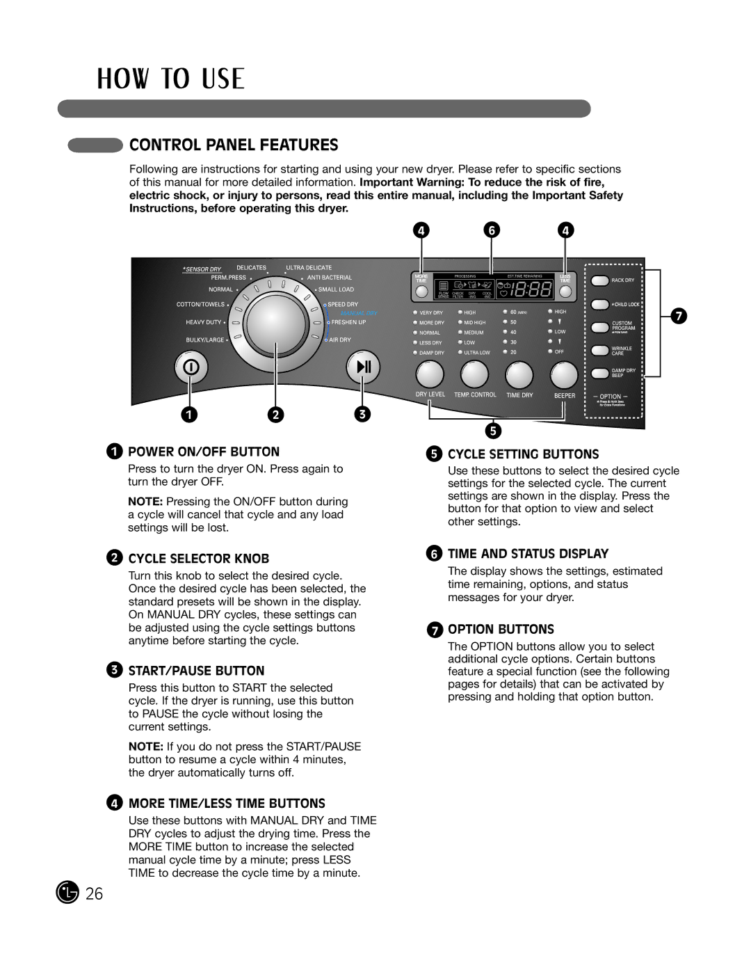 LG Electronics 3828EL3010Y, D2702W, D2702V manual Control Panel Features 