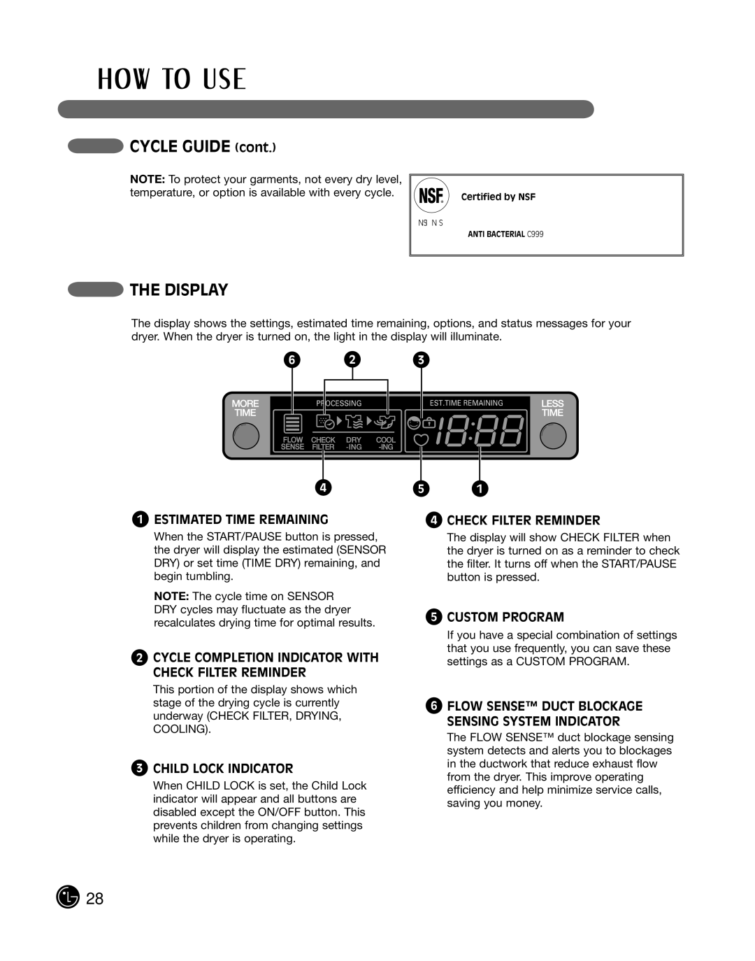 LG Electronics D2702V Cycle Guide, Display, Cycle Completion Indicator with Check Filter Reminder, Child Lock Indicator 