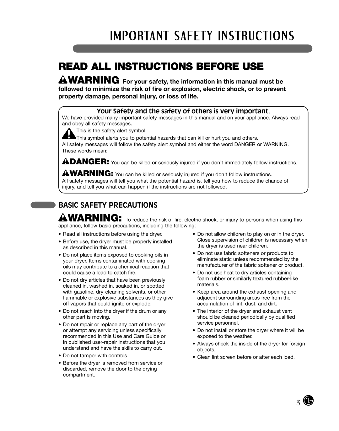 LG Electronics D2702W, D2702V, 3828EL3010Y manual Read ALL Instructions Before USE, Basic Safety Precautions 