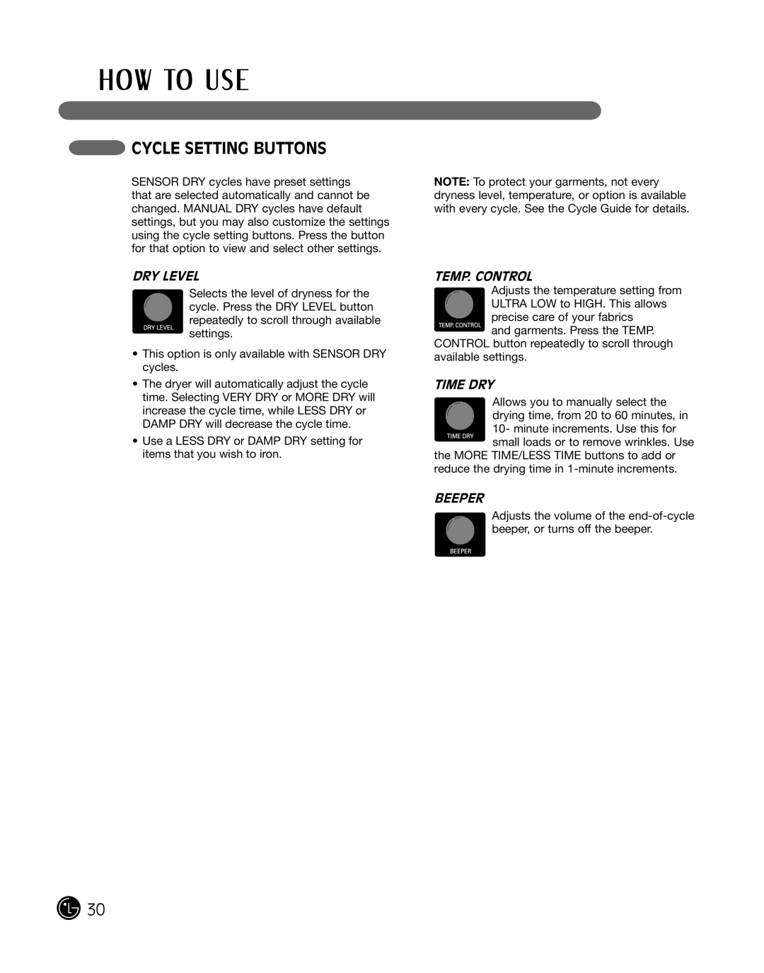 LG Electronics D2702W, D2702V, 3828EL3010Y manual Cycle Setting Buttons, DRY LEvEL 