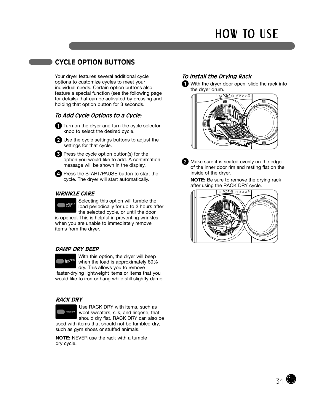 LG Electronics D2702V, D2702W manual Cycle Option buttons, To Add Cycle Options to a Cycle, To Install the Drying Rack 