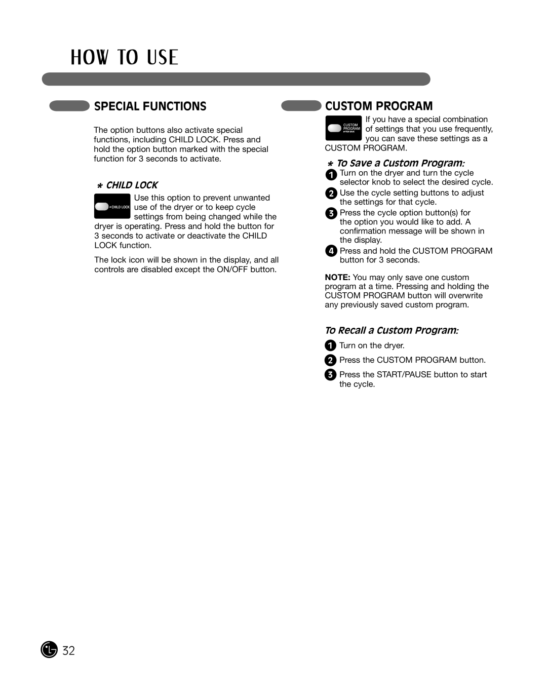 LG Electronics 3828EL3010Y, D2702W, D2702V manual Special Functions, To Save a Custom Program, To Recall a Custom Program 