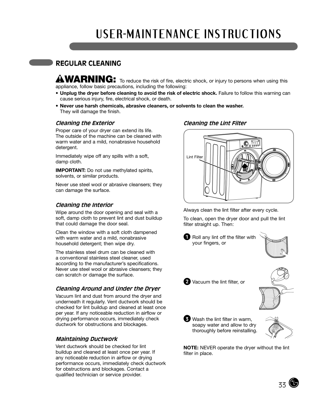 LG Electronics D2702W, D2702V manual Regular Cleaning, Cleaning the Exterior Cleaning the Lint Filter, Cleaning the Interior 