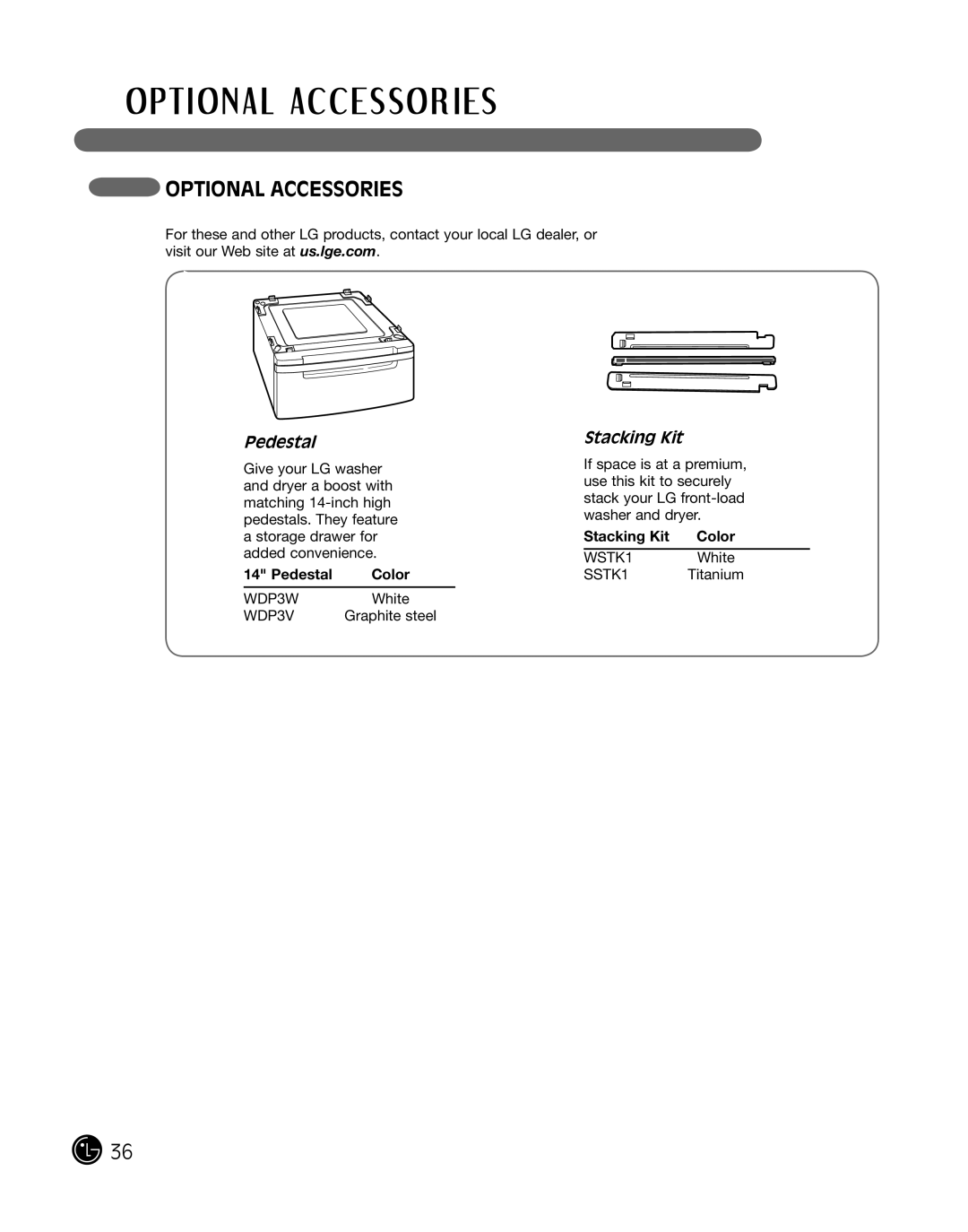 LG Electronics D2702W, D2702V, 3828EL3010Y manual Pedestal Color, Stacking Kit Color 