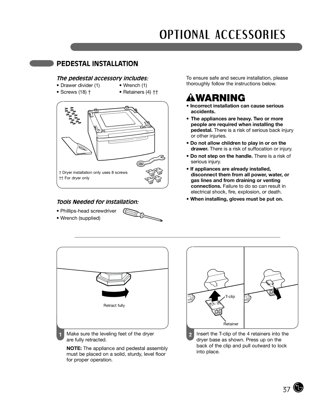 LG Electronics D2702V, D2702W manual Pedestal Installation, Pedestal accessory includes, Tools Needed for Installation 