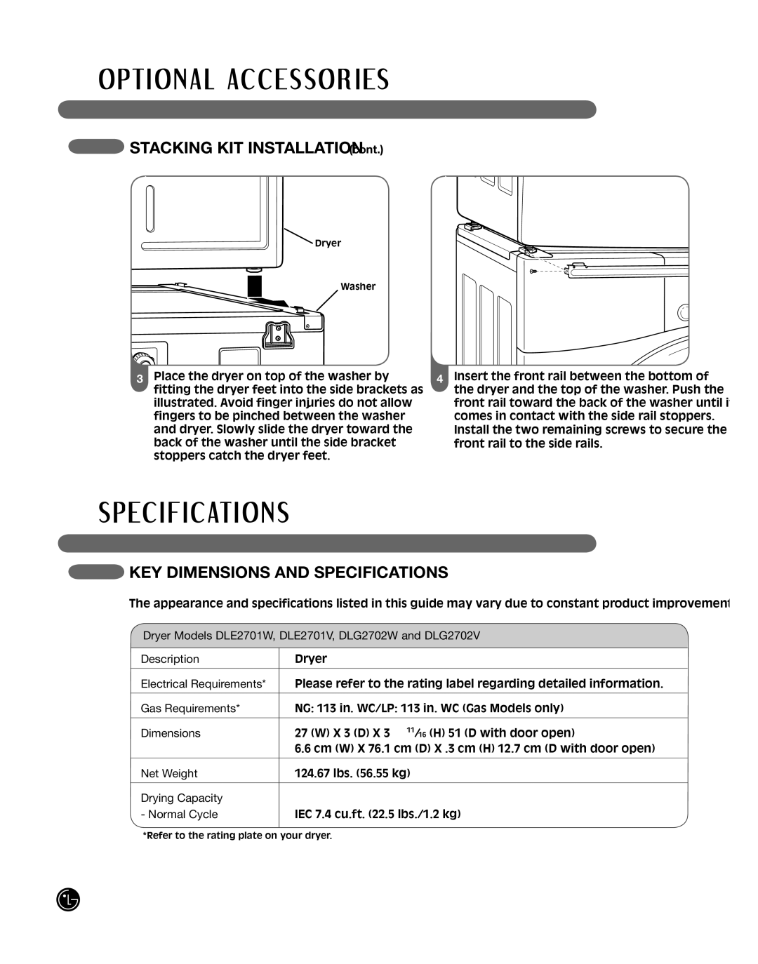 LG Electronics D2702V, D2702W, 3828EL3010Y manual Stacking KIT Installation, KEY Dimensions and Specifications 