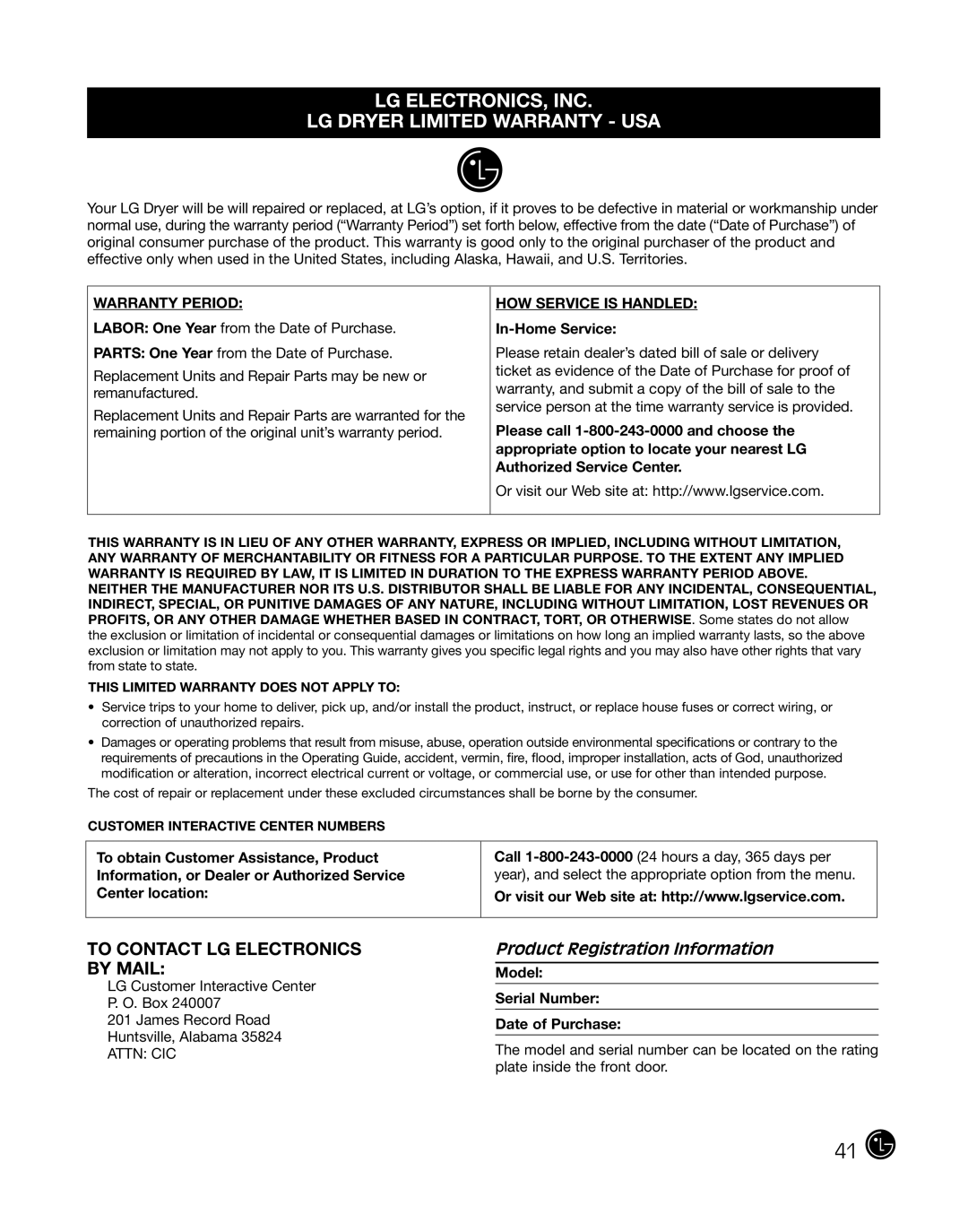 LG Electronics 3828EL3010Y, D2702W, D2702V manual Product Registration Information 