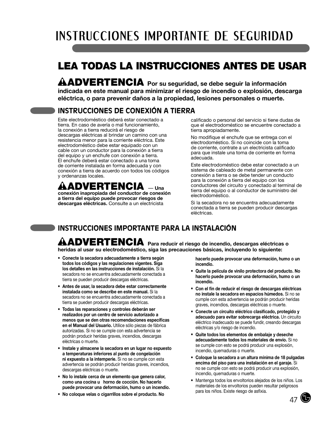 LG Electronics 3828EL3010Y, D2702W, D2702V Instrucciones DE Conexión a Tierra, Instrucciones importante para la instalación 