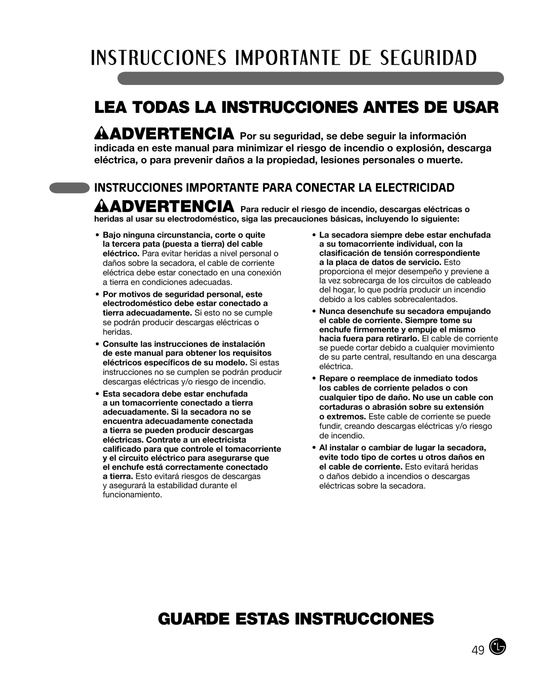 LG Electronics D2702V, D2702W manual Guarde Estas Instrucciones, Instrucciones importante para Conectar LA Electricidad 