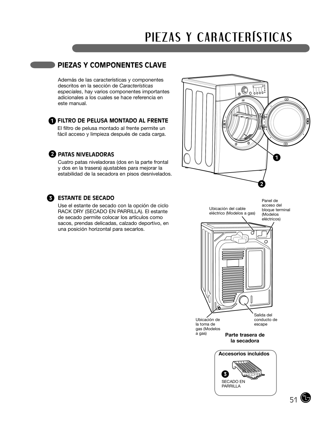 LG Electronics D2702W Piezas Y Componentes Clave, Filtro DE Pelusa Montado AL Frente, Patas niveladoras, Estante de secado 