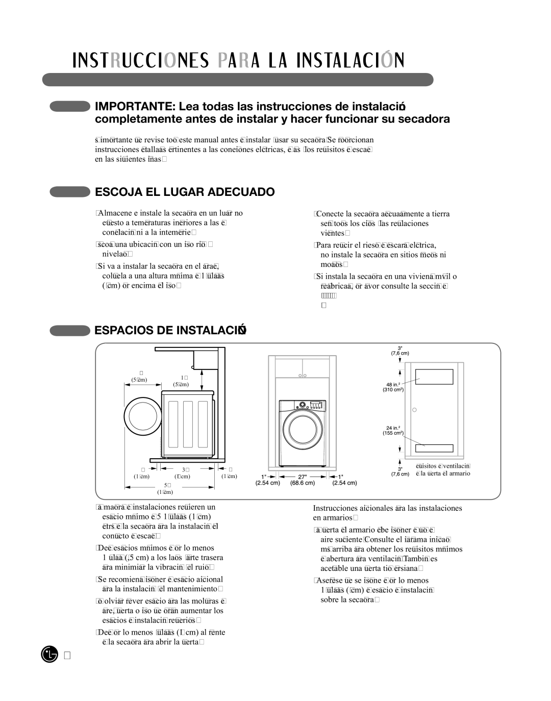 LG Electronics D2702V, D2702W, 3828EL3010Y manual EScoJa el lugar adecuado, ESPacioS de inSTalaciÓn 