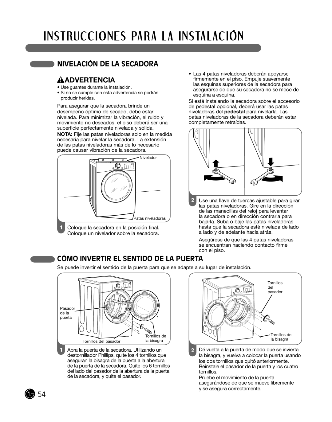 LG Electronics D2702W, D2702V, 3828EL3010Y NivelaciÓn de la Secadora WADVERTENCIA, CÓmo inverTir el SenTido de la PuerTa 