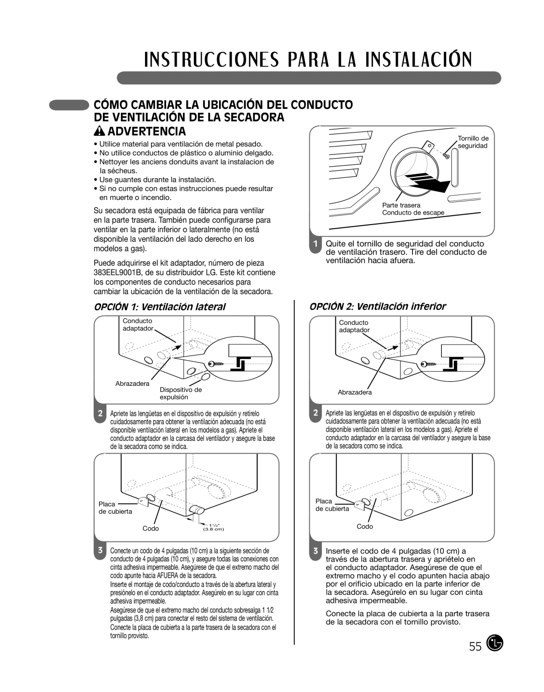 LG Electronics D2702V, D2702W, 3828EL3010Y manual Opción 1 Ventilación lateral, Opción 2 Ventilación inferior 