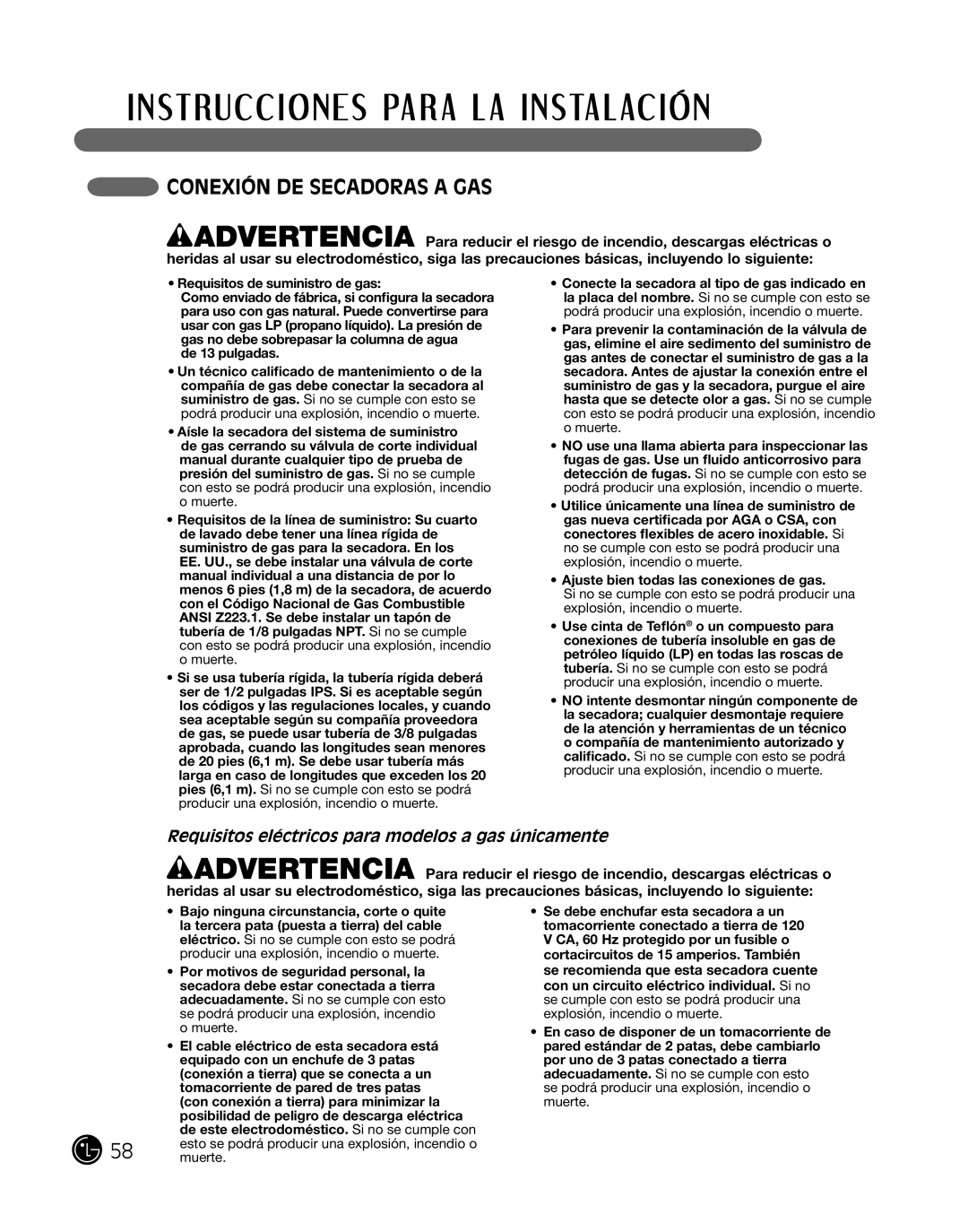 LG Electronics D2702V, D2702W, 3828EL3010Y ConeXiÓn de SecadoraS a gaS, Requisitos eléctricos para modelos a gas únicamente 