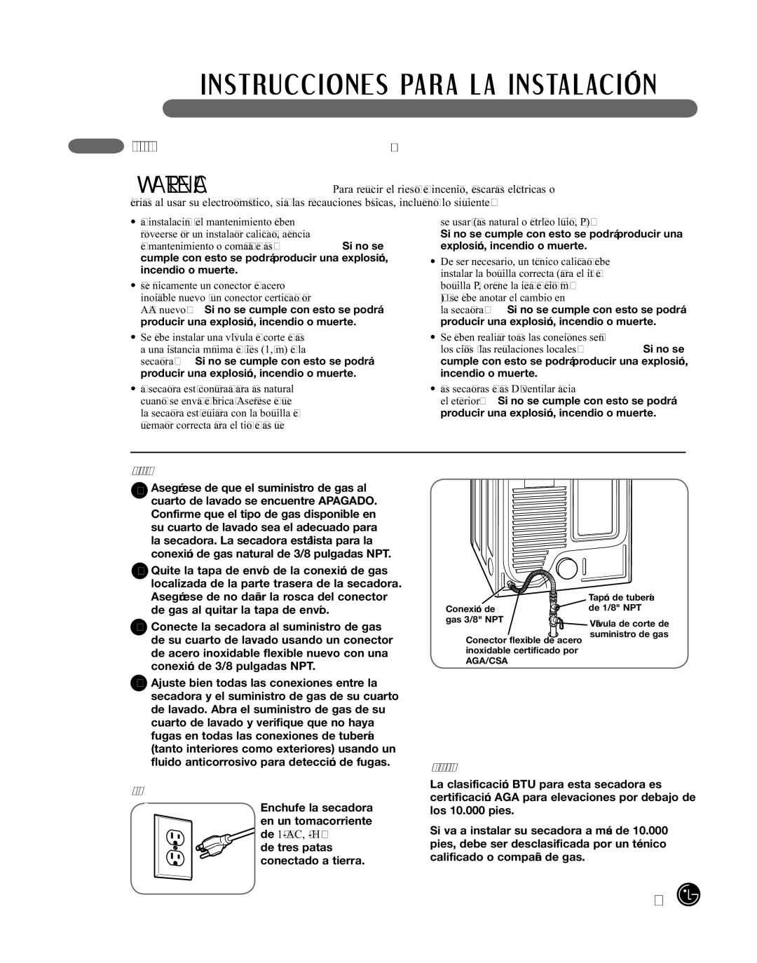LG Electronics 3828EL3010Y Conexión del suministro de gas, Conexión eléctrica, Instalaciones en lugares de gran altitud 