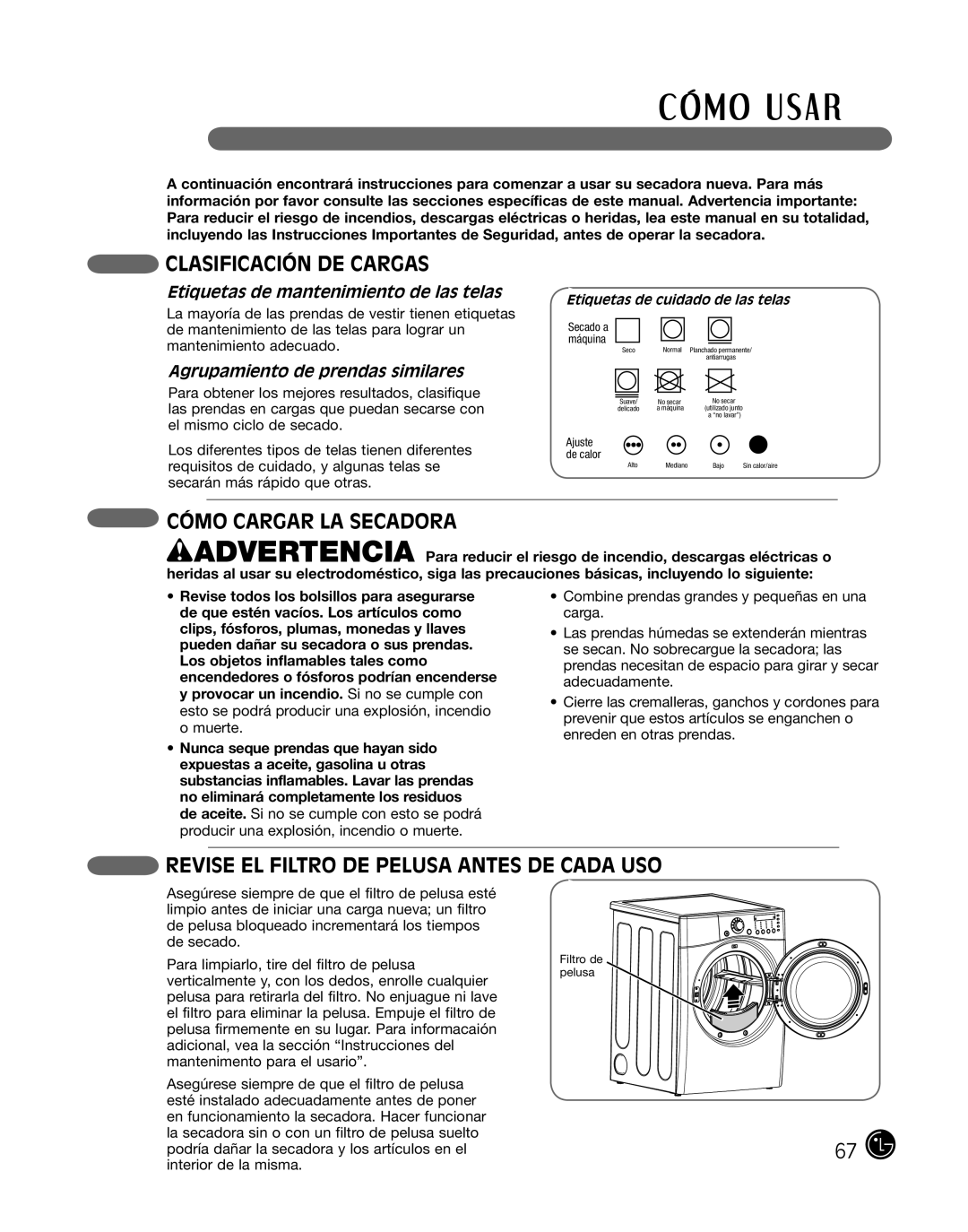 LG Electronics D2702V manual Clasificación DE Cargas, Cómo Cargar la secadora, Revise EL Filtro DE Pelusa Antes DE Cada USO 