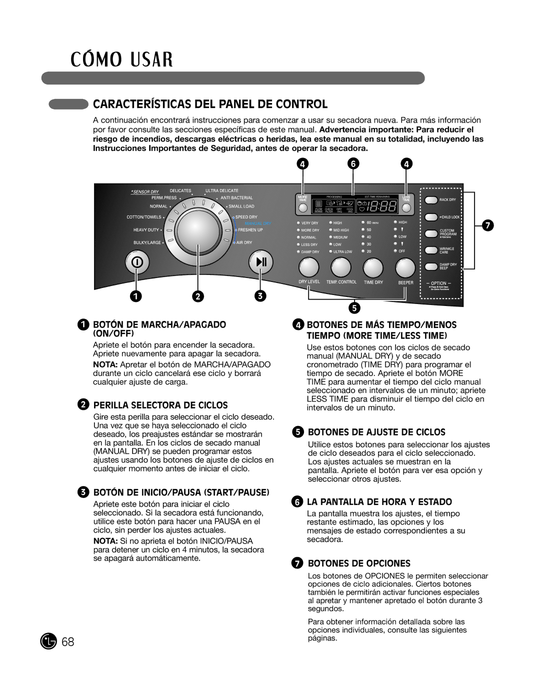 LG Electronics 3828EL3010Y, D2702W, D2702V manual Características DEL Panel DE Control 