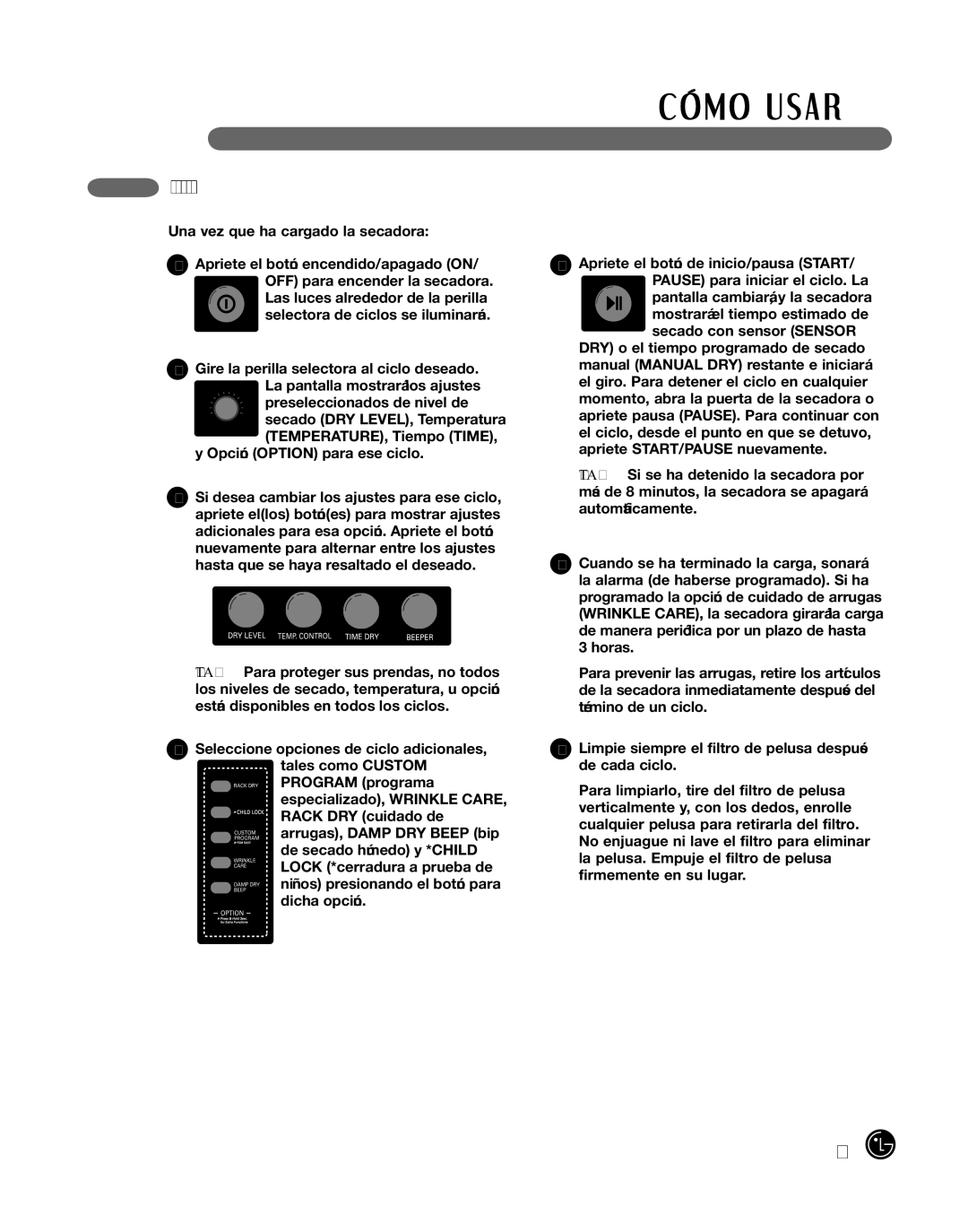 LG Electronics 3828EL3010Y, D2702W, D2702V manual Funcionamiento DE LA Secadora 