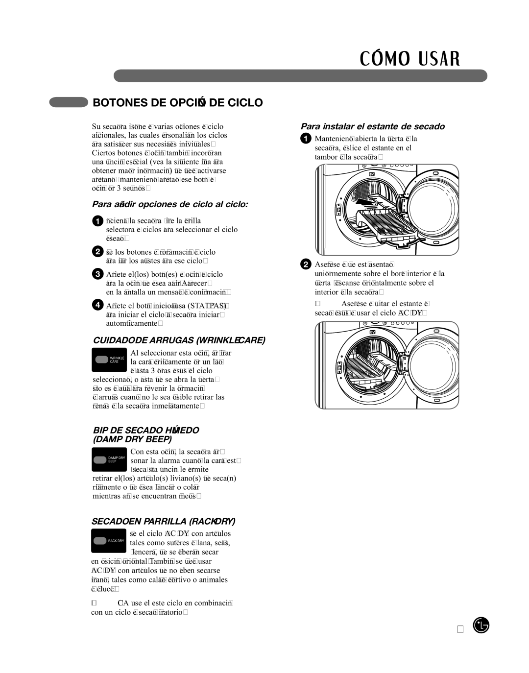 LG Electronics D2702V, D2702W, 3828EL3010Y manual Botones DE Opción DE Ciclo, Para añadir opciones de ciclo al ciclo 