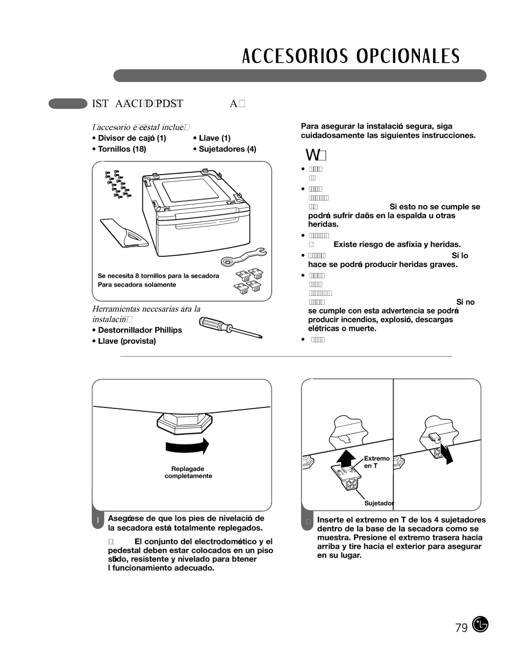 LG Electronics D2702V, D2702W, 3828EL3010Y manual Instalación del pedestal, El accesorio de pedestal incluye 