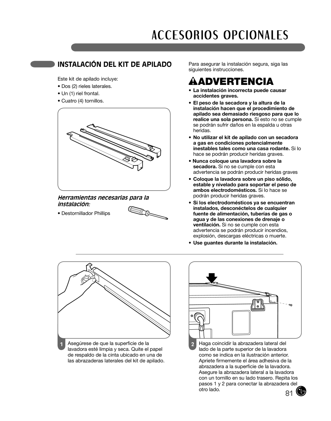 LG Electronics D2702W, D2702V, 3828EL3010Y manual Instalación DEL KIT DE Apilado 