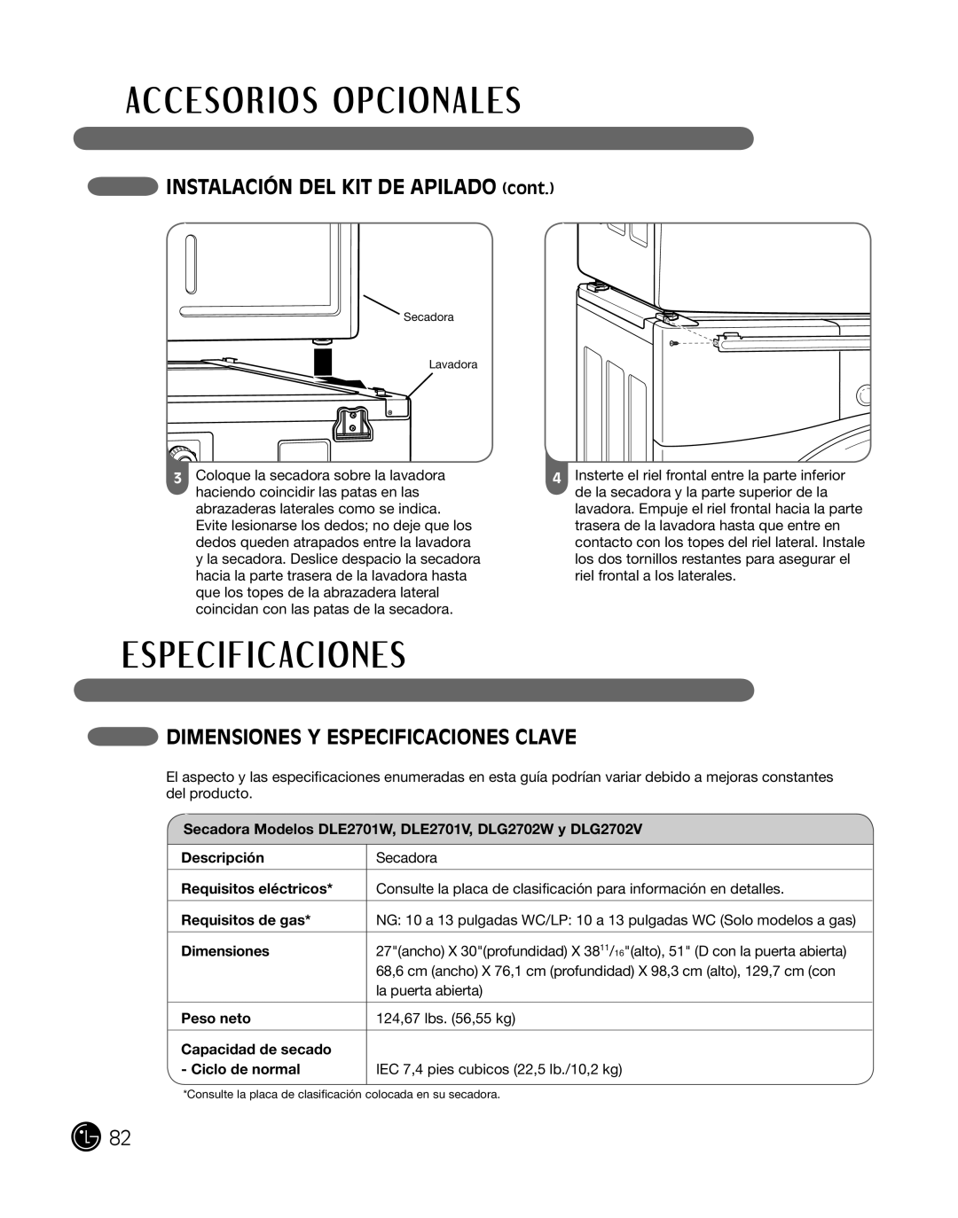 LG Electronics D2702V, D2702W, 3828EL3010Y manual InSTalaciÓn del KiT de aPilado, DimenSioneS Y eSPeciFicacioneS clave 