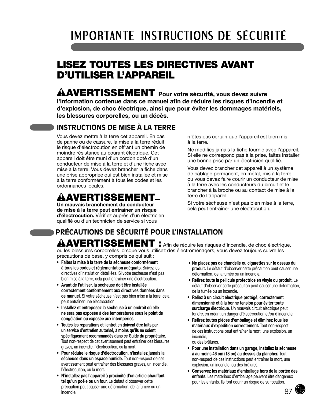 LG Electronics D2702W, D2702V, 3828EL3010Y Instructions DE Mise À LA Terre, Précautions de sécurité Pour L’INSTALLATION 