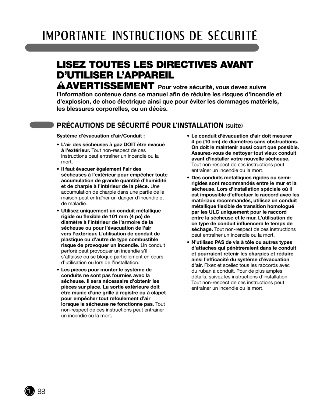 LG Electronics D2702V, D2702W, 3828EL3010Y manual Précautions de sécurité pour L’instaLLation suite 