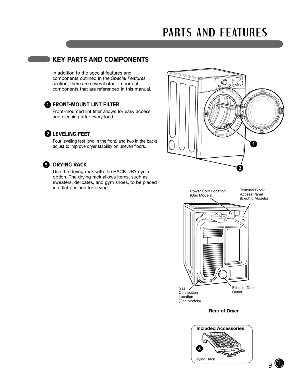 LG Electronics D2702W, D2702V, 3828EL3010Y KEY Parts and Components, FRONT-MOUNT Lint Filter, Leveling Feet, Drying Rack 