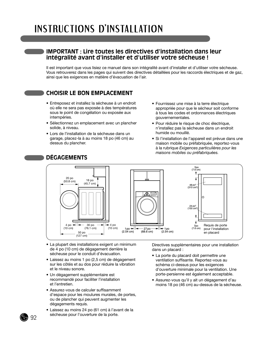 LG Electronics 3828EL3010Y, D2702W, D2702V manual CHoisir Le bon eMpLaceMent, DéGaGeMents 