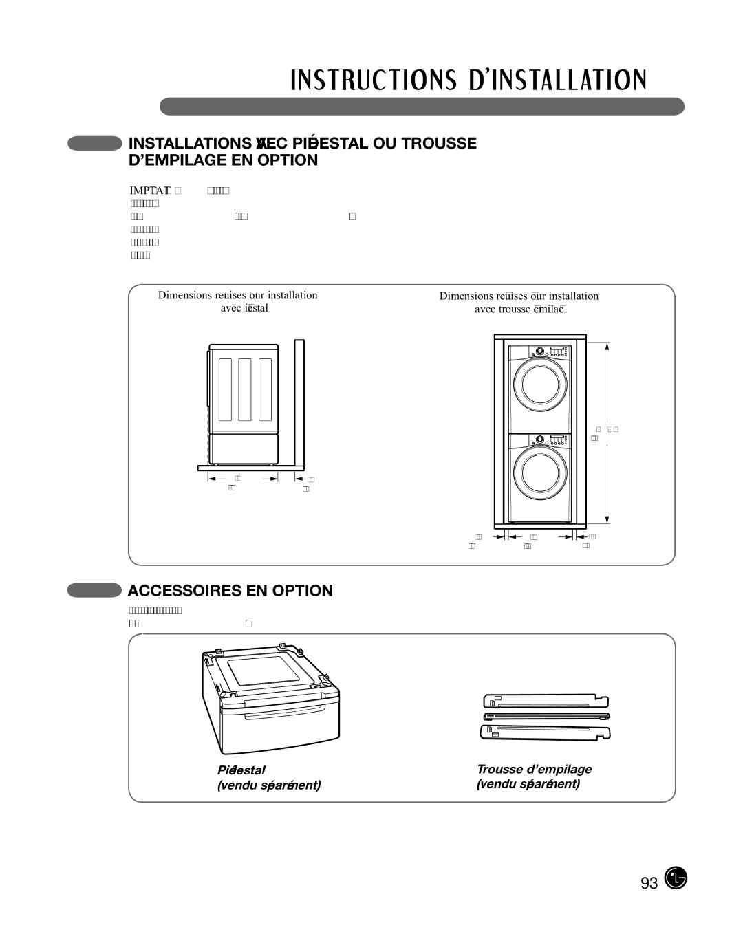 LG Electronics D2702W, D2702V, 3828EL3010Y manual Accessoires EN Option, Piédestal Trousse d’empilage Vendu séparément 