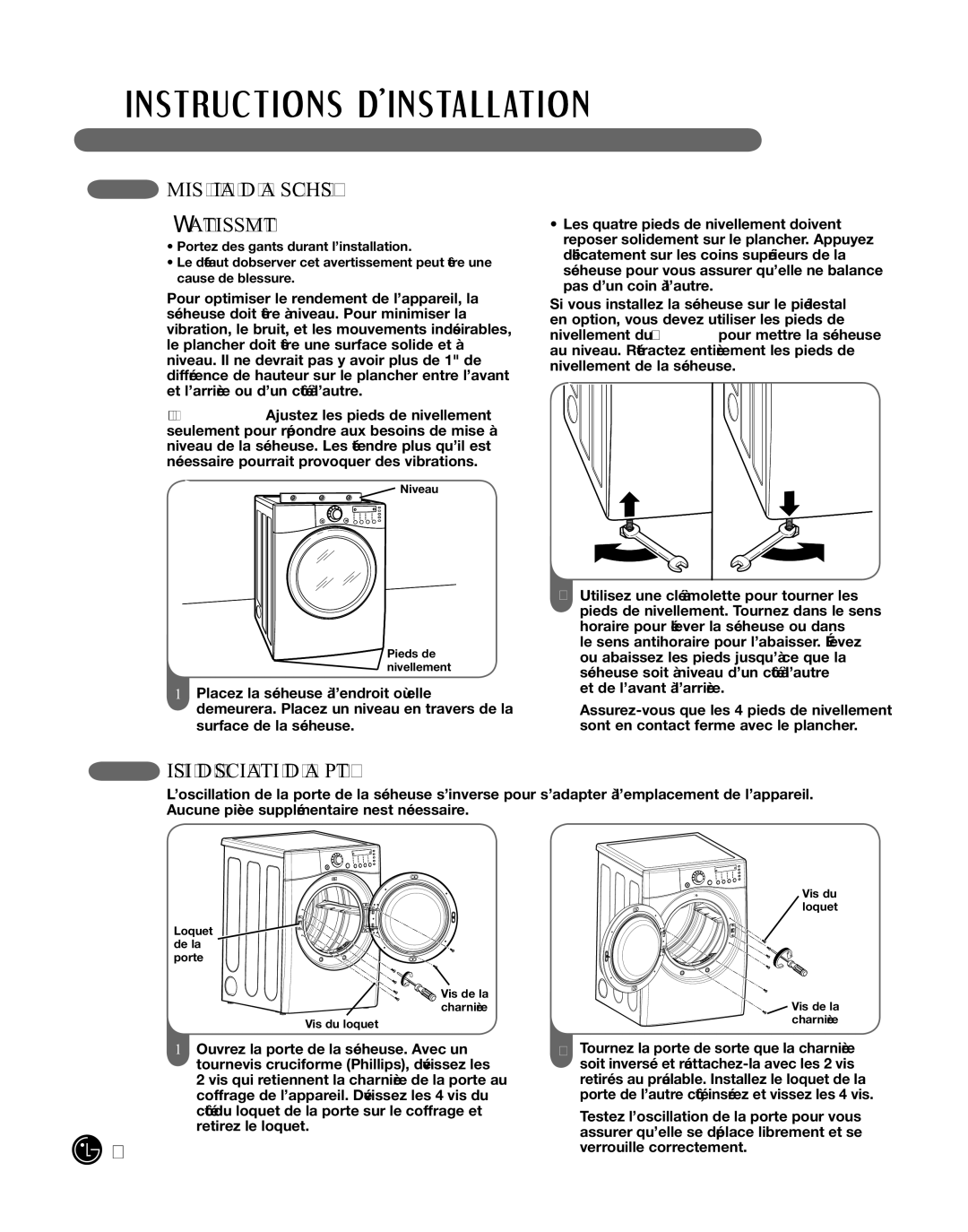 LG Electronics D2702V, D2702W manual Mise À niVeau de La sécHeuse waVertisseMent, InVersion de L’osciLLation de La porte 