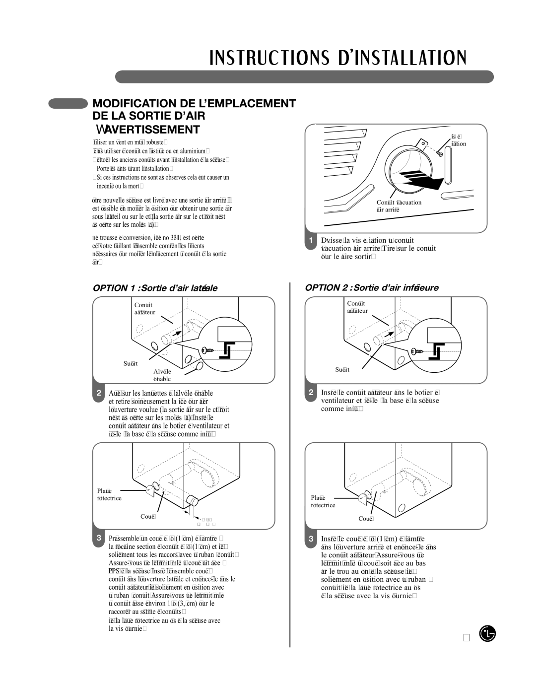 LG Electronics 3828EL3010Y, D2702W, D2702V Wavertissement, Option 1 Sortie d’air latérale, Option 2 Sortie d’air inférieure 