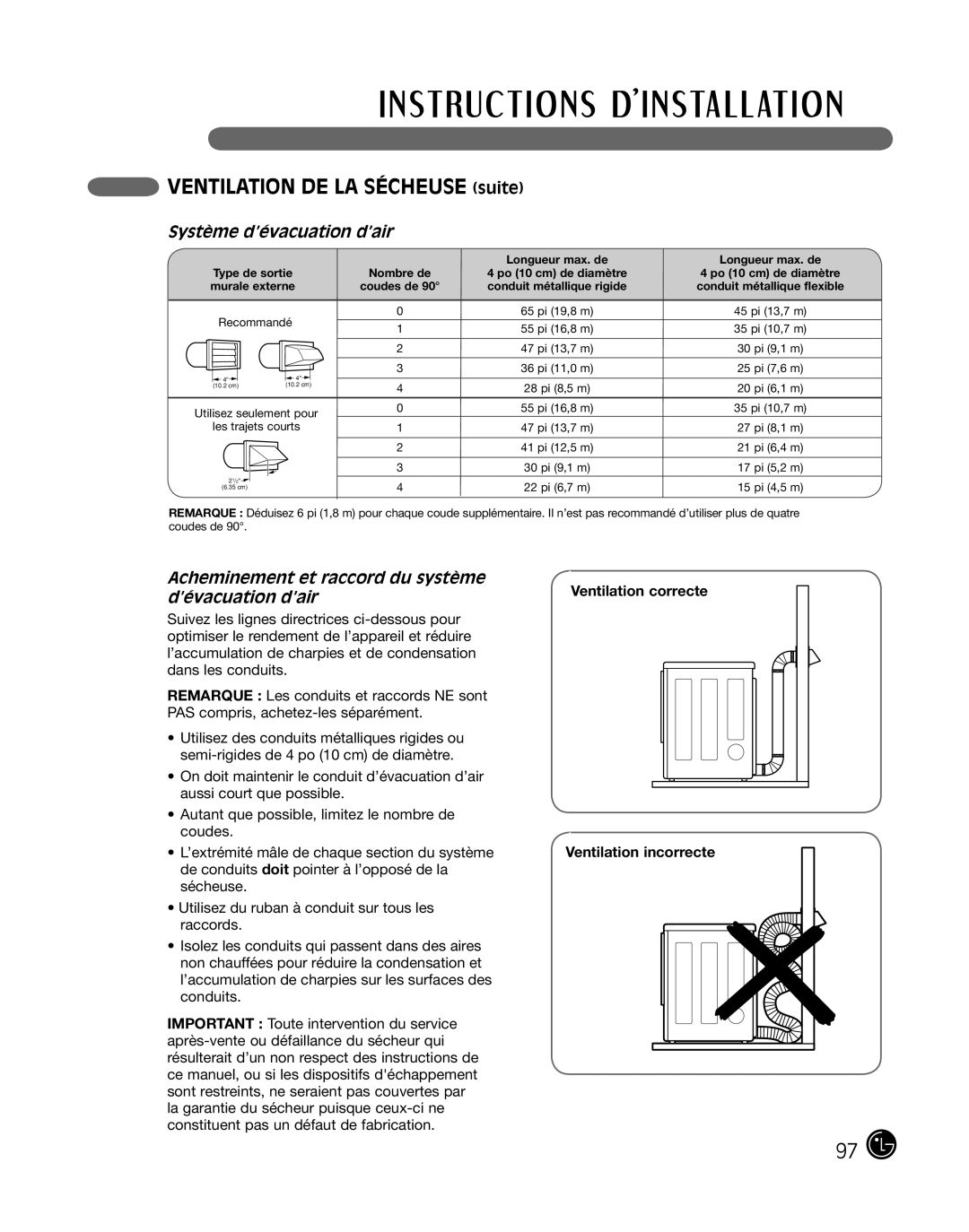 LG Electronics D2702V, D2702W, 3828EL3010Y manual Ventilation DE LA Sécheuse suite, Système d’évacuation d’air 