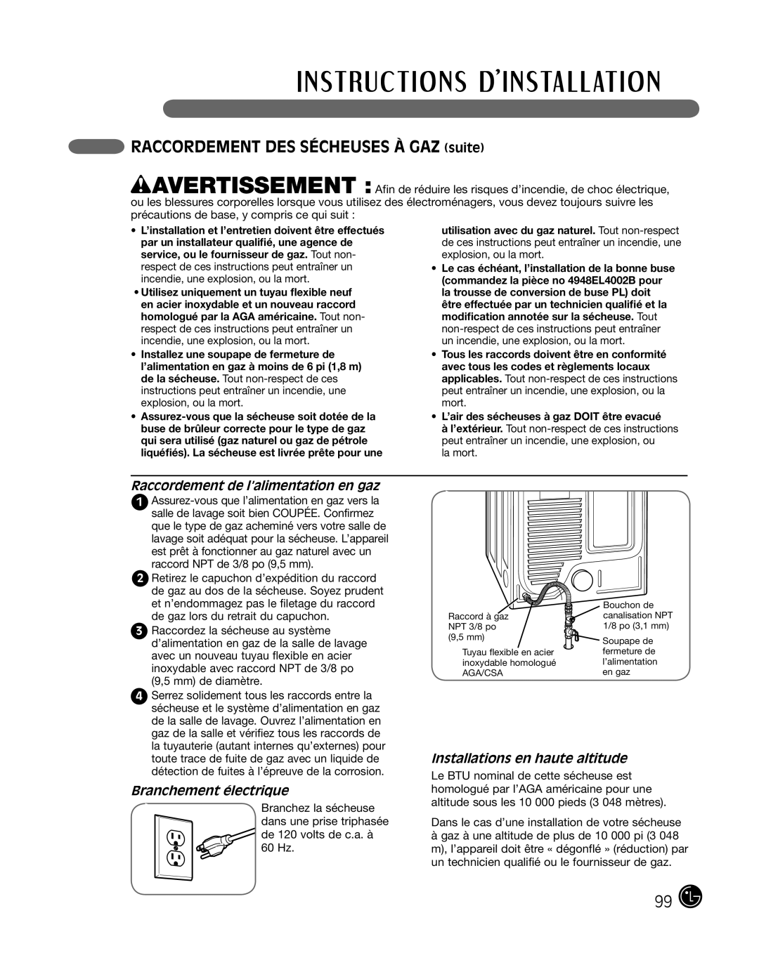 LG Electronics D2702W, D2702V, 3828EL3010Y Raccordement des sécheuses à gaz suite, Raccordement de l’alimentation en gaz 