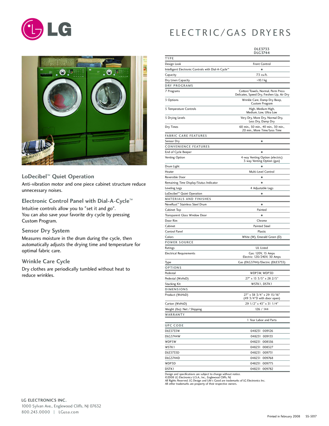 LG Electronics D3744 manual LoDecibel Quiet Operation, Electronic Control Panel with Dial-A-Cycle, Sensor Dry System 