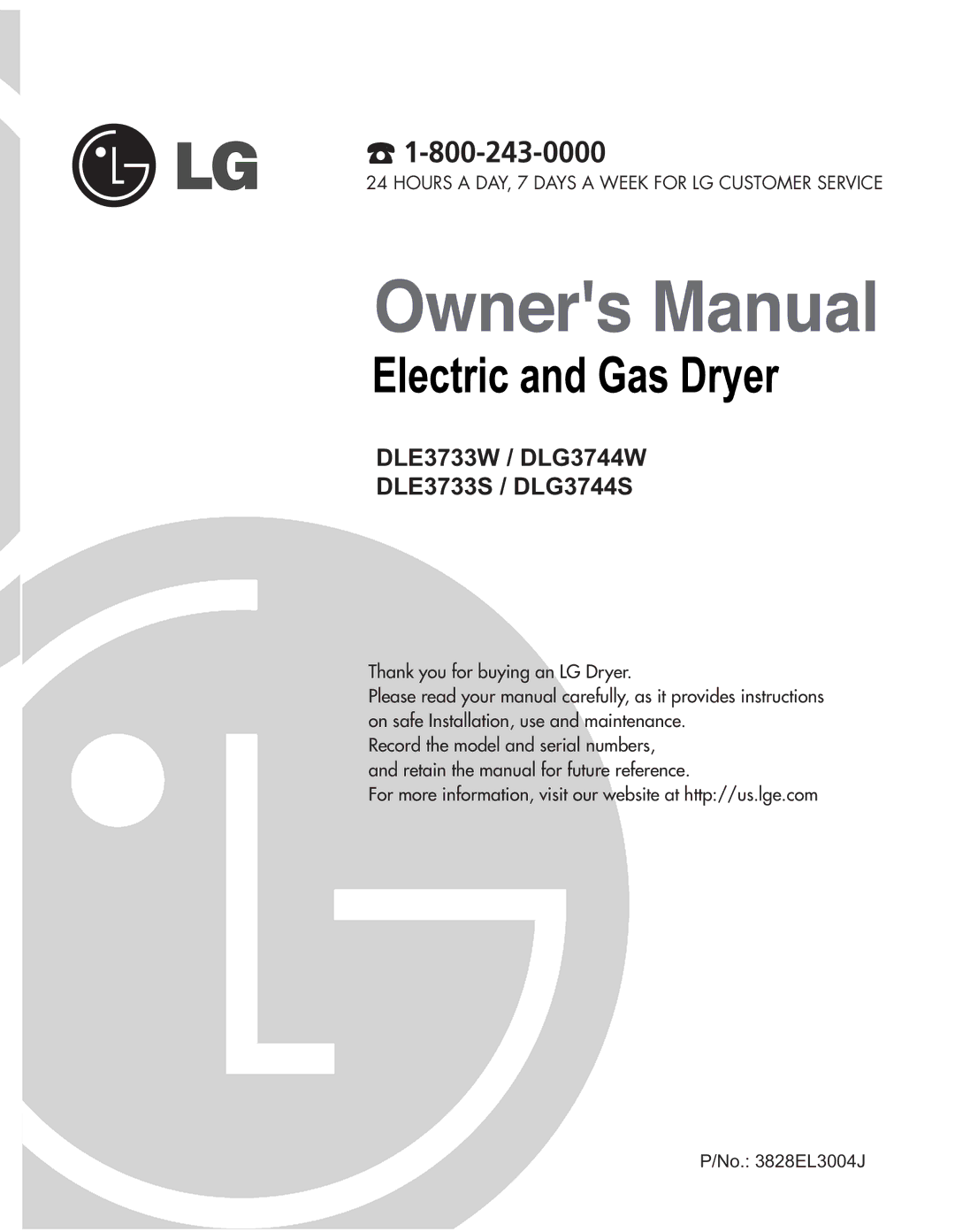 LG Electronics D3744W, D3744S manual DLE3733W / DLG3744W DLE3733S / DLG3744S 