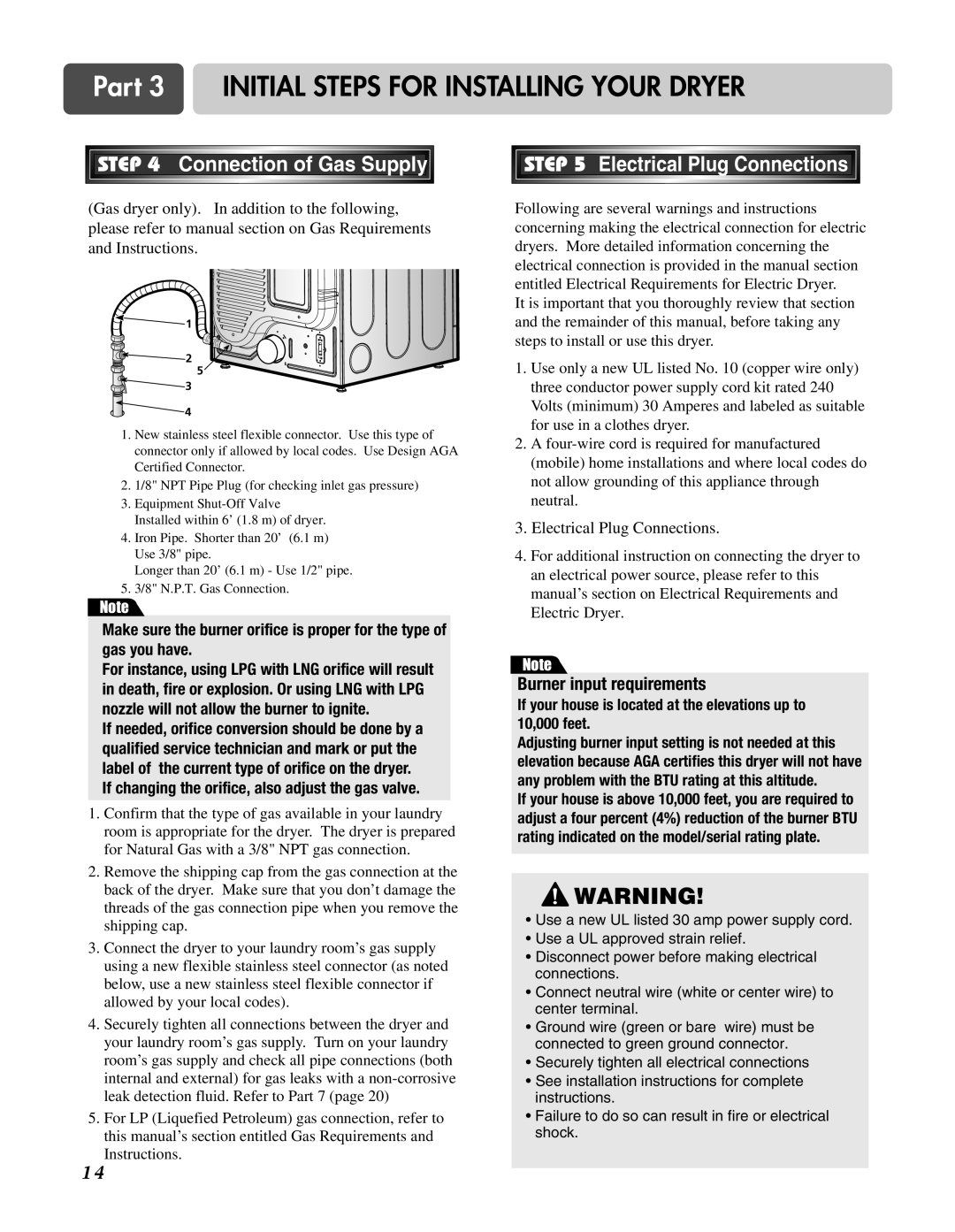 LG Electronics D3744S, D3744W manual Connection of Gas Supply, Electrical Plug Connections 