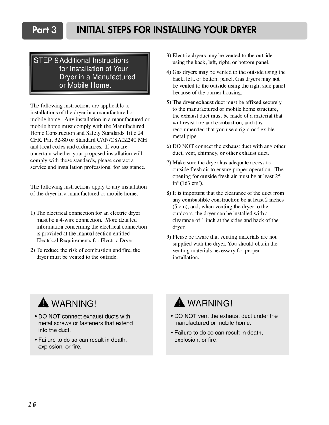 LG Electronics D3744S, D3744W manual Part 3 Initial Steps for Installing Your Dryer 