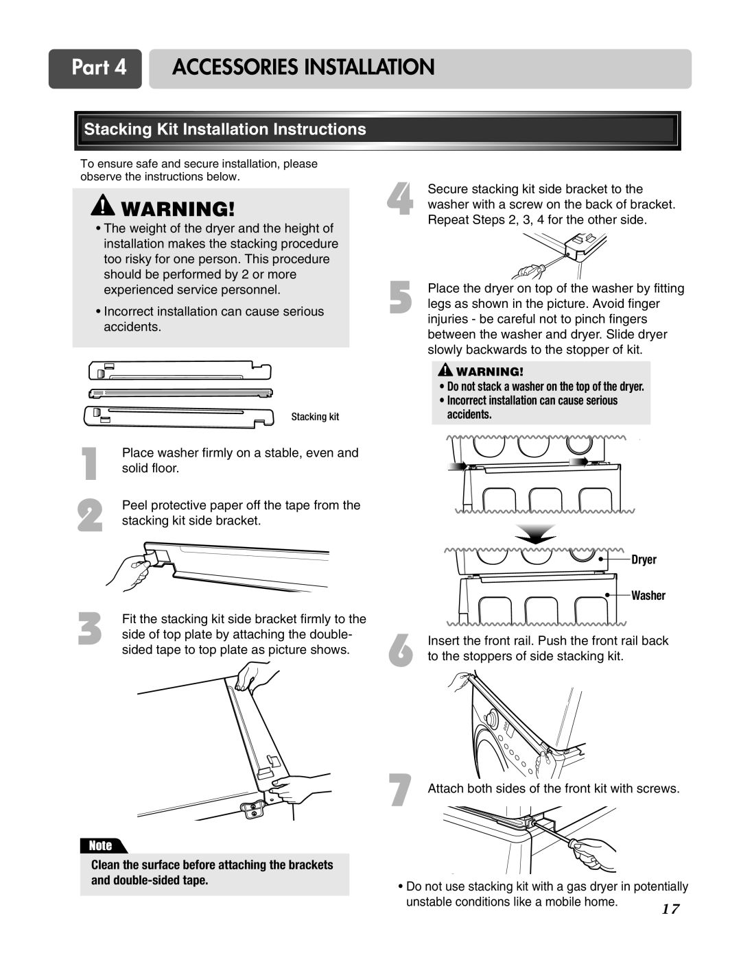 LG Electronics D3744W, D3744S manual Part 4 Accessories Installation, Stacking Kit Installation Instructions 