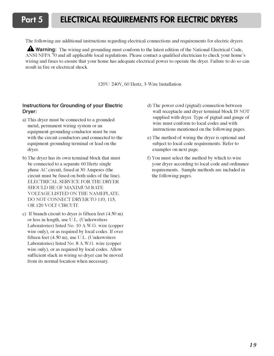 LG Electronics D3744W, D3744S manual Part 5 Electrical Requirements for Electric Dryers 