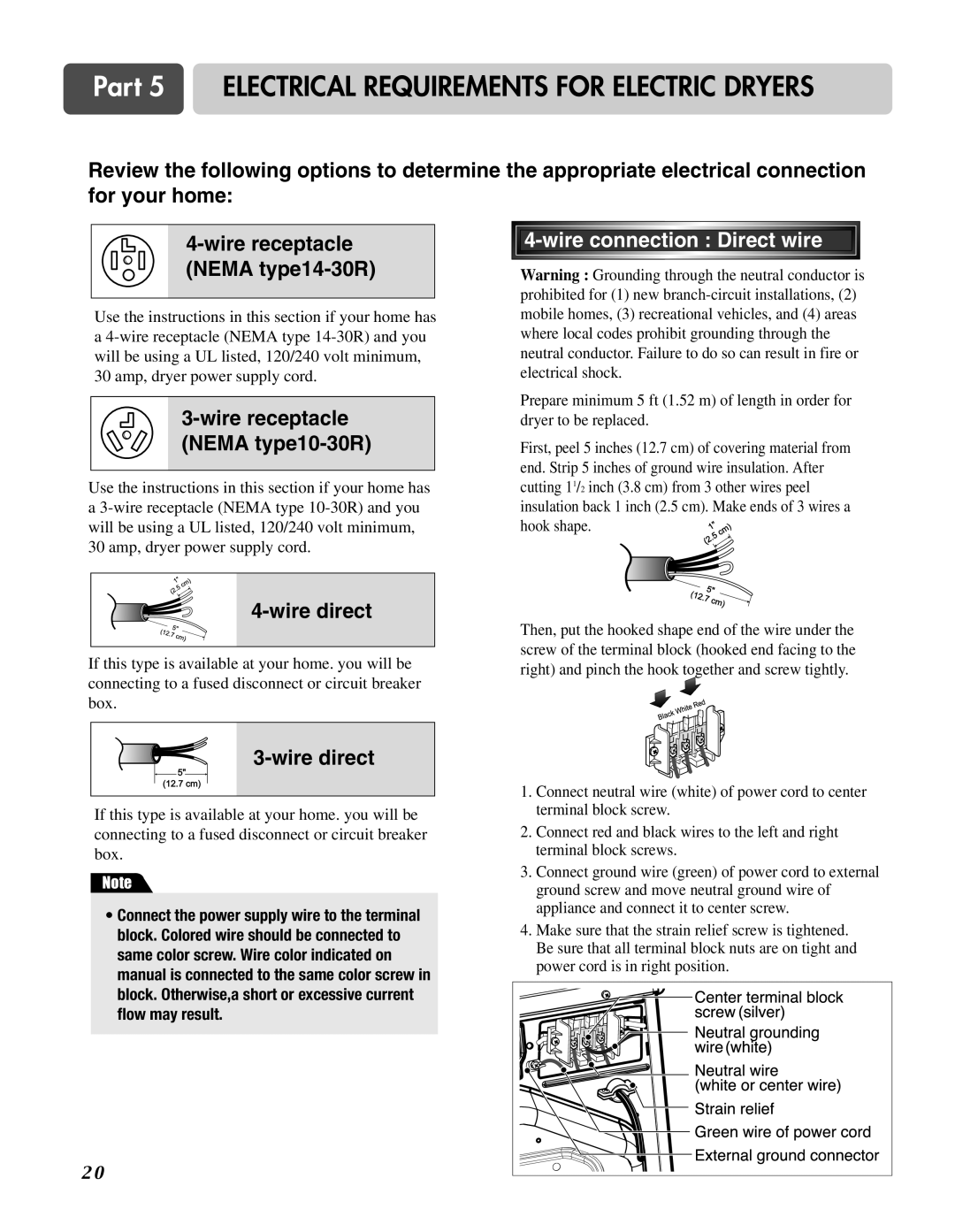 LG Electronics D3744S, D3744W manual Wire connection Direct wire, Wire receptacle Nema type14-30R 